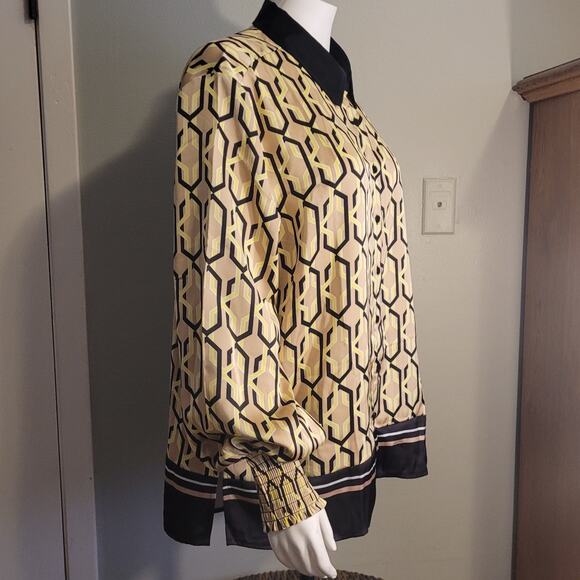 NWT NY & Co XXL Gold Black Geometric Blouse Balloon Poet Sleeve Silky Art Deco - Picture 7 of 9